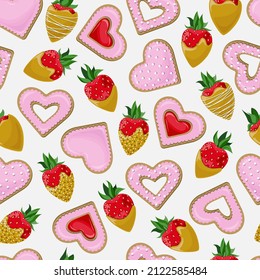 Vector seamless pattern of cookies in the form of hearts covered with pink glaze and strawberries covered with golden chocolate isolated on white background.