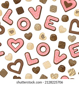 Vector seamless pattern of cookies in the form of letters love with coral glaze and milk chocolates isolated on white.