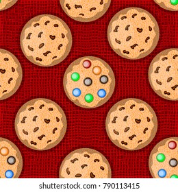 Vector seamless pattern with cookies on red knitted background. Sweet elements for card, web, textile design; round biscuits with chocolate and colorful candys on red background.
