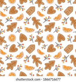 Vector seamless pattern with cookies, orange, rowan. Gingerbread man, heart, tree, star biscuit. illustration isolated on white. Christmas, New Year background for wallpaper, wrapping, textile, fabric