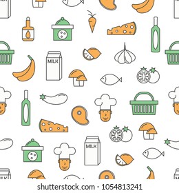 Vector seamless pattern with cooking ingredients symbols, icons. Food background, wrapping paper texture thin line art flat style design.