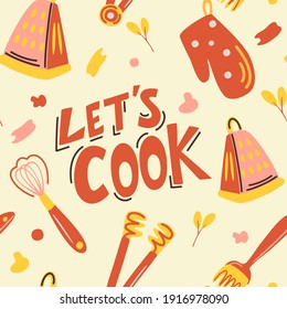 Vector seamless pattern with cooking utensils. Let’s cook. Hand-drawn cute background in vintage style. Kitchen appliance decorative colorful illustration. Kitchen textile, vector background.