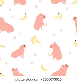 Vector seamless pattern with cool pink capybaras and bananas. Design for clothing, various prints, wrapping paper, print fabric, room decor, cute gifts