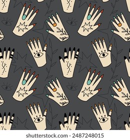 Vector seamless pattern with cool tattooed hands on gray background. Modern mystical design for fabric and paper, surface textures. 