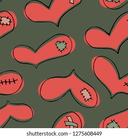 Vector seamless pattern of coral hand drawn hearts in doodle style with black stroke and patch, scar and plaster on green background.