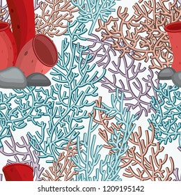 Vector seamless pattern with coral reef on a white background. Underwater wallpaper.
