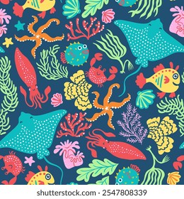 Vector seamless pattern with coral reef ecosystem. Bright and colorful design with variety of marine creatures: stingrays, fish, crabs, and sea stars. Cute cartoon illustration with baby fishes