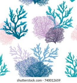 Vector seamless pattern with coral reef on a white background. Underwater wallpaper.