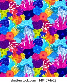 Vector seamless pattern with corals. Background with colorful sea or ocean life. Underwater world. Design for attributes of water park, aquarium. Wrapping paper, package, wallpaper, textile, label