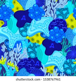 Vector seamless pattern with corals. Background with colorful sea or ocean life. Underwater world. Design for attributes of water park, aquarium. Wrapping paper, package, wallpaper, textile, label