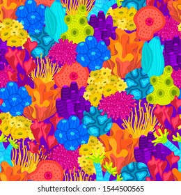 Vector seamless pattern with corals. Background with colorful sea or ocean life. Underwater world. Design for attributes of water park, aquarium. Wrapping paper, package, wallpaper, textile, label