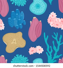 Vector seamless pattern with corals. Background with colorful sea or ocean life. Underwater world. Design for attributes of water park, aquarium. Wrapping paper, package, wallpaper, textile, label