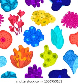 Vector seamless pattern with corals. Background with colorful sea or ocean life. Underwater world. Design for attributes of water park, aquarium. Wrapping paper, package, wallpaper, textile, label