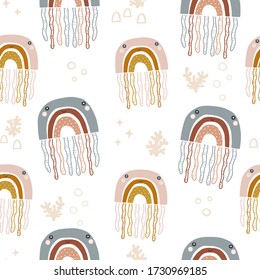 Vector seamless pattern with corals and  jellyfish with body in the shape of rainbow. Flat cartoon style. Baby print. Scandinavian motives. illustration on transparent background