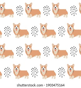 Vector seamless pattern with Corgi and abstractions on white background. Cute dogs illustration for fabric, textile, background, wallpaper