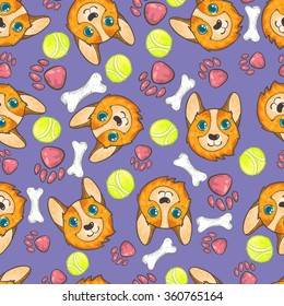 Vector seamless pattern with corgi , a lot of pink footsteps, white bones and tennis green yellow balls on violet background. Cute dog pattern with bright elements on bright background.
