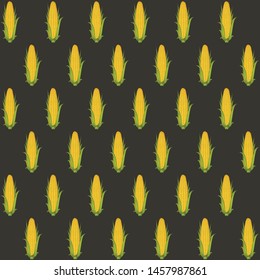 Vector seamless pattern with corn cobs with yellow corn grains and green leaves in retro style on black background. Repeatable illustrations of the ripe corn on the cob.