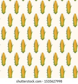 Vector seamless pattern with corn cobs with yellow corn grains and green leaves in retro style on light background. Repeatable illustrations of the ripe corn on the cob.