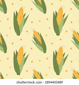 Vector seamless pattern with corn cobs on a yellow background. Farmhouse Decor. Vector illustration for wrapping paper,textile.