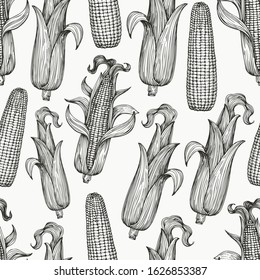 Vector seamless pattern with corn on the cob with leaves. Vintage engraved illustration. Botanical hand drawn background.