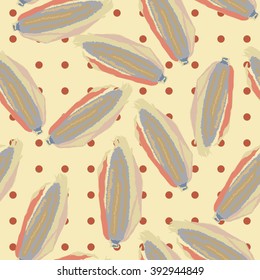 Vector seamless pattern with corn and polka dots. Hand drawn illustration for postcard, textile, design background, hipster design, weird pattern. Yellow background.