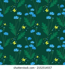 Vector seamless pattern of Cornflower on green background. Botanical pattern and floral design elements.