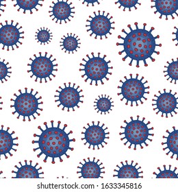 Vector seamless pattern with Coronavirus 2019-nCoV. Blue color virus infection elements on white background. Global epidemic hand drawn doodle backdrop.