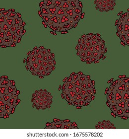 Vector seamless pattern with Coronavirus 2019-nCoV. Color virus infection elements on white background. Global epidemic hand drawn doodle backdrop.