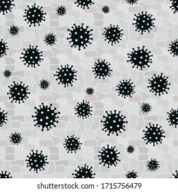 Vector seamless pattern coronavirus elements. Black and white background. Abstract monochrome illustration. MERS nCoV virus backdrop
