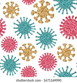Patrón vectorial sin fisuras con imágenes de coronavirus. Dibujo manual de coloridas ilustraciones de bacterias. Diseño Covid-19.