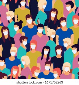 Vector seamless pattern of Coronavirus Pandemia. Novel coronavirus (2019-nCoV), crowd of people wearing white medical face masks. Concept of coronavirus quarantine