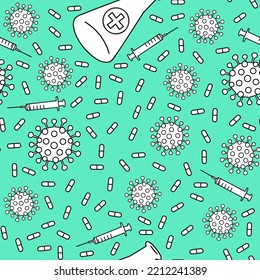 Vector seamless pattern with coronavirus, syringe, pills and test tube.