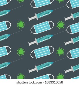 Vector seamless pattern Coronavirus vaccine syringes and medical masks illustrations Repeat vector pattern on dark background