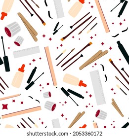Vector seamless pattern with cosmetic accessories consisting of a ruler, wooden sticks, a bottle of cream or oil, an eyebrow pencil, eyebrow and eyelash brushes, a jar with dye on white background