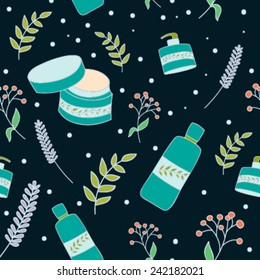 Vector seamless pattern with cosmetic products and flowers