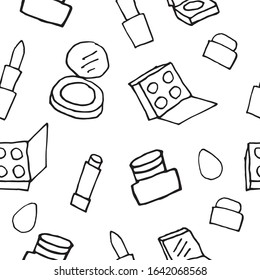 Vector seamless pattern with cosmetics. Care line art hand drawn on a white isolated background. Print with lips, mascara, shadows, lipstick. Design for painting, wallpaper, textiles, banner.