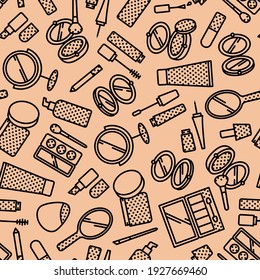 Vector seamless pattern of cosmetics elements with flat line icons