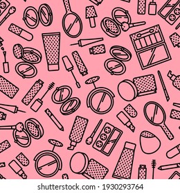 Vector seamless pattern of cosmetics elements with flat line icons