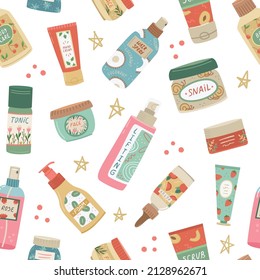 Vector seamless pattern with cosmetics for face and body care. Background for the beauty industry.