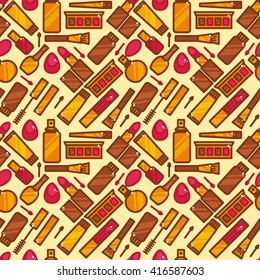 Vector seamless pattern of cosmetics. Makeup seamless texture.