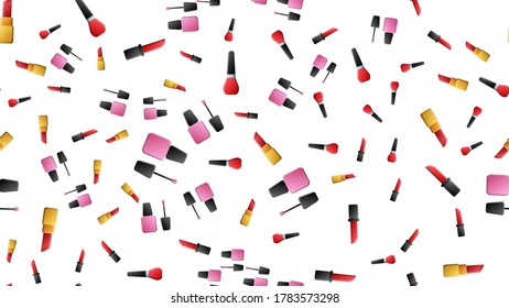 Vector seamless pattern with cosmetics. Mascara, brush and lipstick. Hand drawn style.