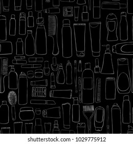 vector seamless pattern with cosmetics, perfumes and hygiene bottles, hand drawn illustration