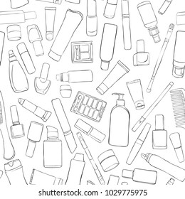 vector seamless pattern with cosmetics, perfumes and hygiene bottles, hand drawn illustration