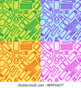 Vector seamless pattern. Cosmetics vector seamless print. Women's cosmetics contour pattern. Vector set of accessories for the makeup, lipstick, mascara, eye shadow, face powder, brush, perfume