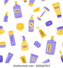 Patrón vectorial sin fisuras con productos cosméticos y de cuidado de la piel