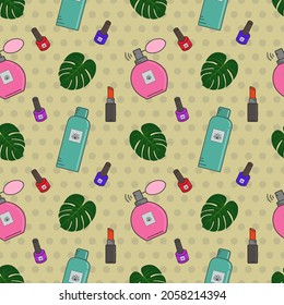 Patrón de cosméticos sin fisuras vectoriales.Cremas, lápiz labial, esmalte de uñas, máscaras faciales. Tienda de cosméticos, salón de belleza, diseño de postales, papel de embalaje e impresiones de embalaje. Una pancarta con cosméticos.