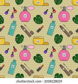 Vector seamless pattern of cosmetics.Creams, lipstick, nail polish, face masks. Cosmetics store, beauty salon, postcard design, wrapping paper and packaging prints. A banner with cosmetics.