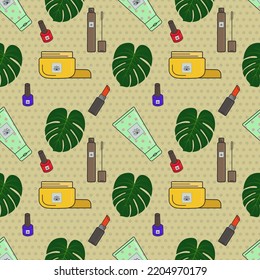 Vector seamless pattern of cosmetics.Creams,lipstick, nail polish, face masks. Cosmetics store, beauty salon, postcard design,prints made of wrapping paper and packaging.Sketch a fashionable banner