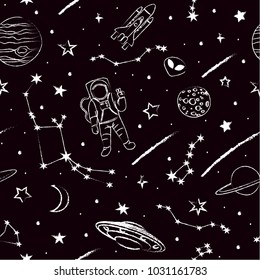 Vector seamless pattern with cosmic objects on a dark background. Hand drawn vector doodles. 