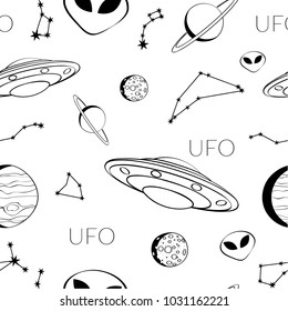 Vector seamless pattern with cosmic objects on a white background. Hand drawn vector doodles. 